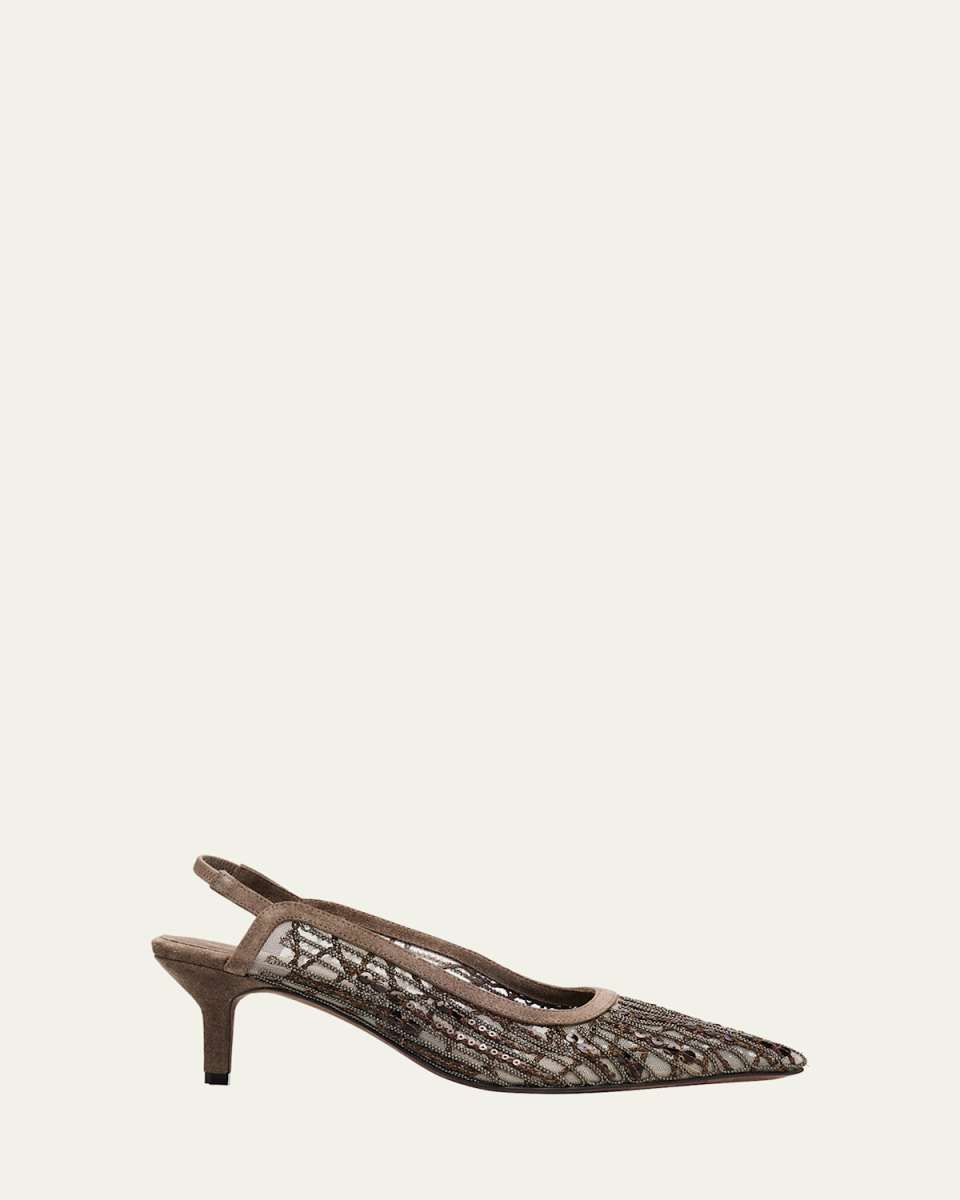 Monili Suede Kitten-Heel Slingback Pumps